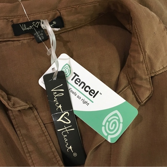 Velvet Heart Shirt Dress women Small Brown Roll Tap Sleeve button tencel - Picture 4 of 5